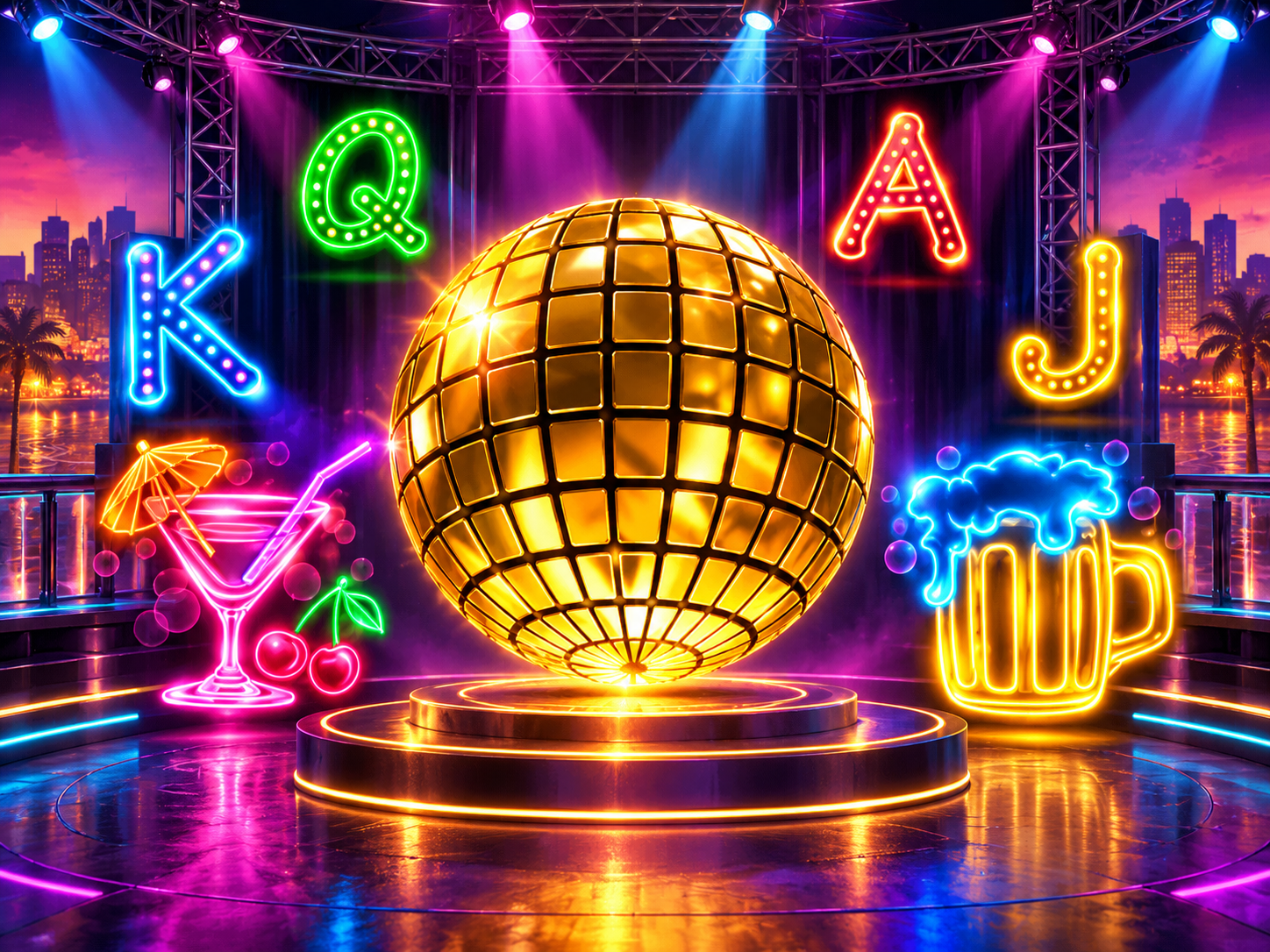 Golden disco ball with neon card letters and drink symbols
