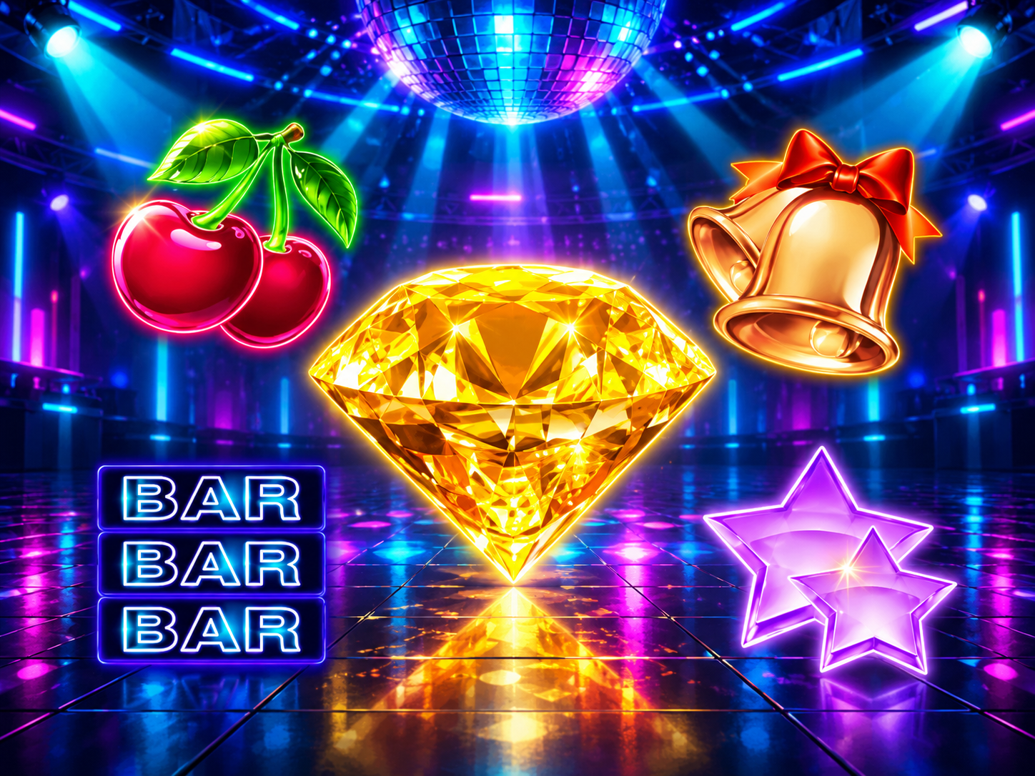 Golden diamond, cherries, bells and BAR symbols on a neon disco floor