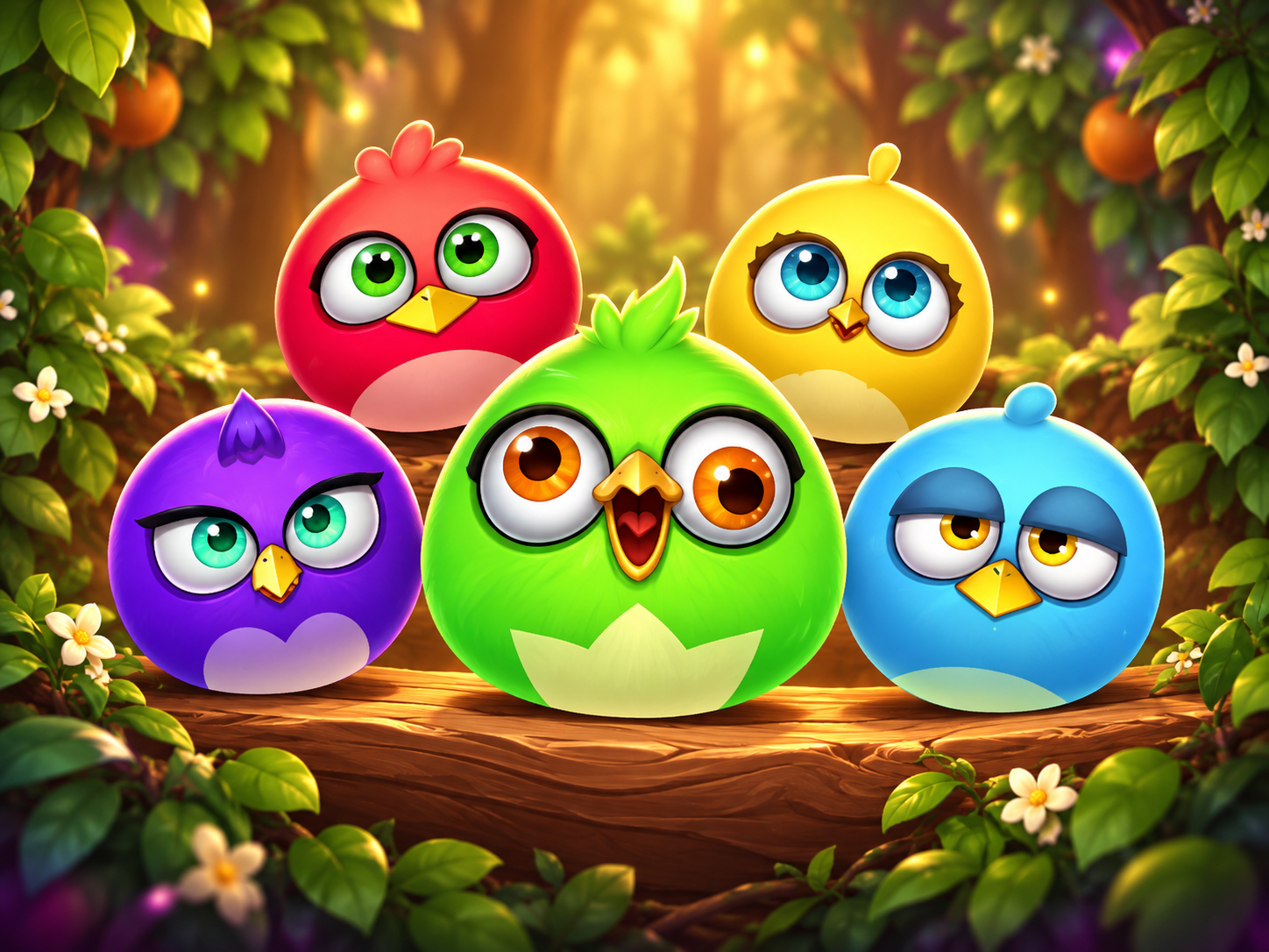 Five colourful bird characters in a sunlit forest