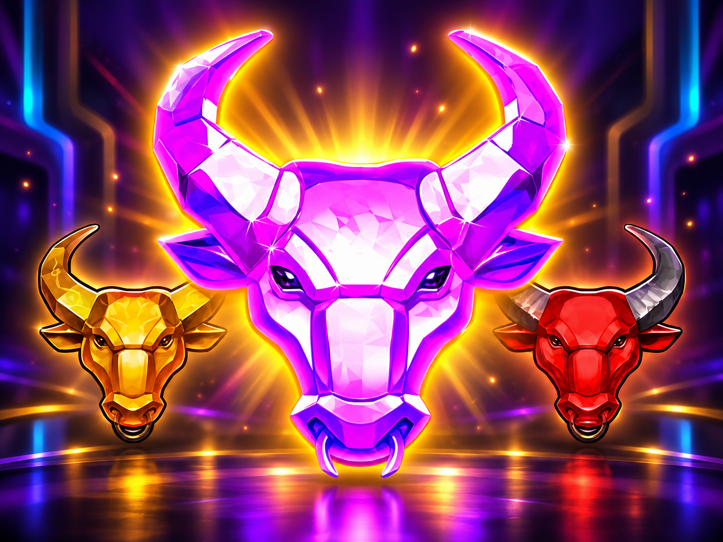Purple crystal bull head flanked by gold and red bull symbols