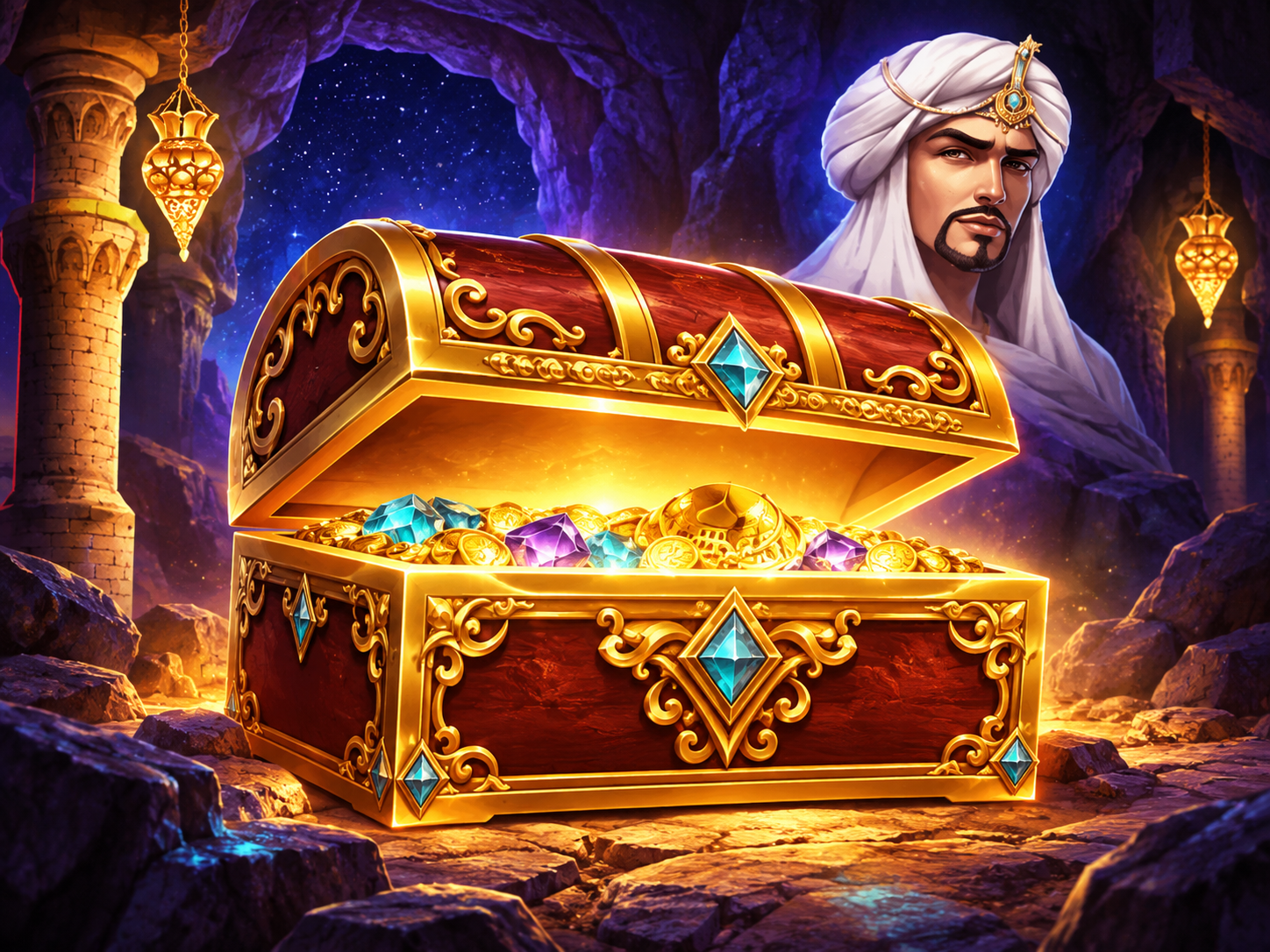 Glowing treasure chest and a turbaned adventurer in a lantern-lit cave