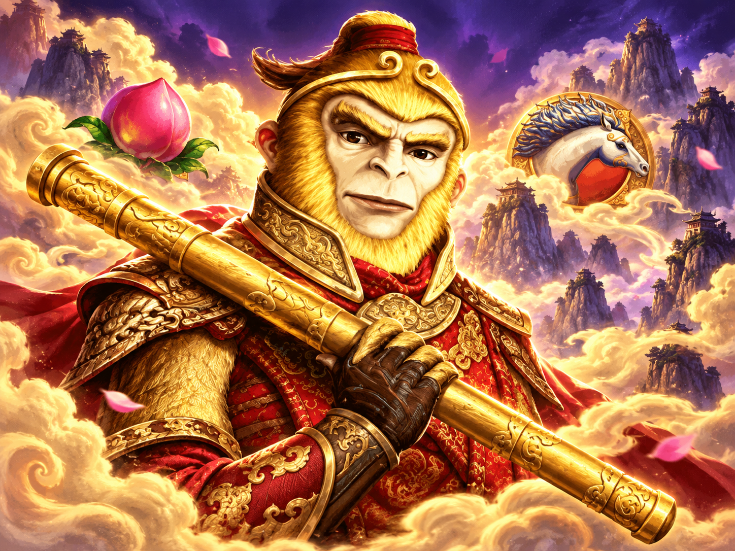 Monkey King holding a golden staff among clouds and mountain temples