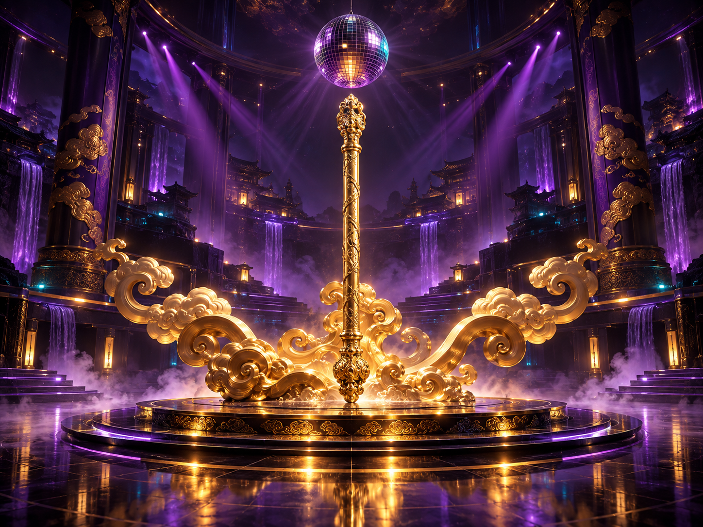 Golden staff beneath a disco ball in a purple and gold fantasy temple