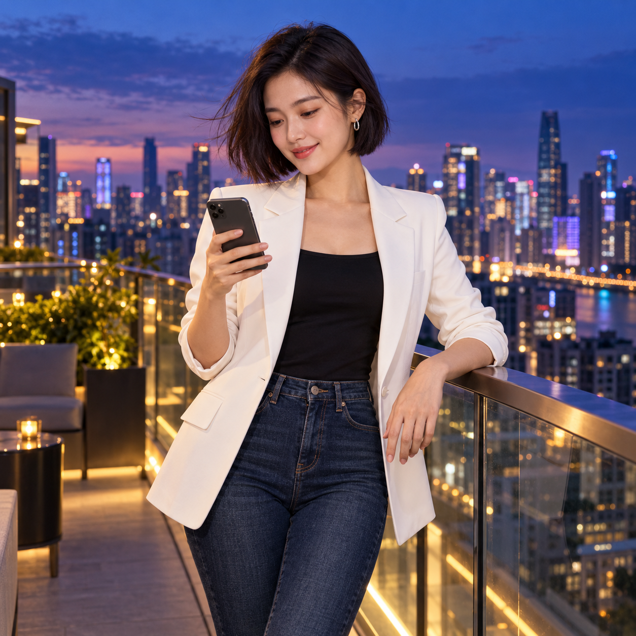 Woman using a smartphone on a rooftop terrace at dusk