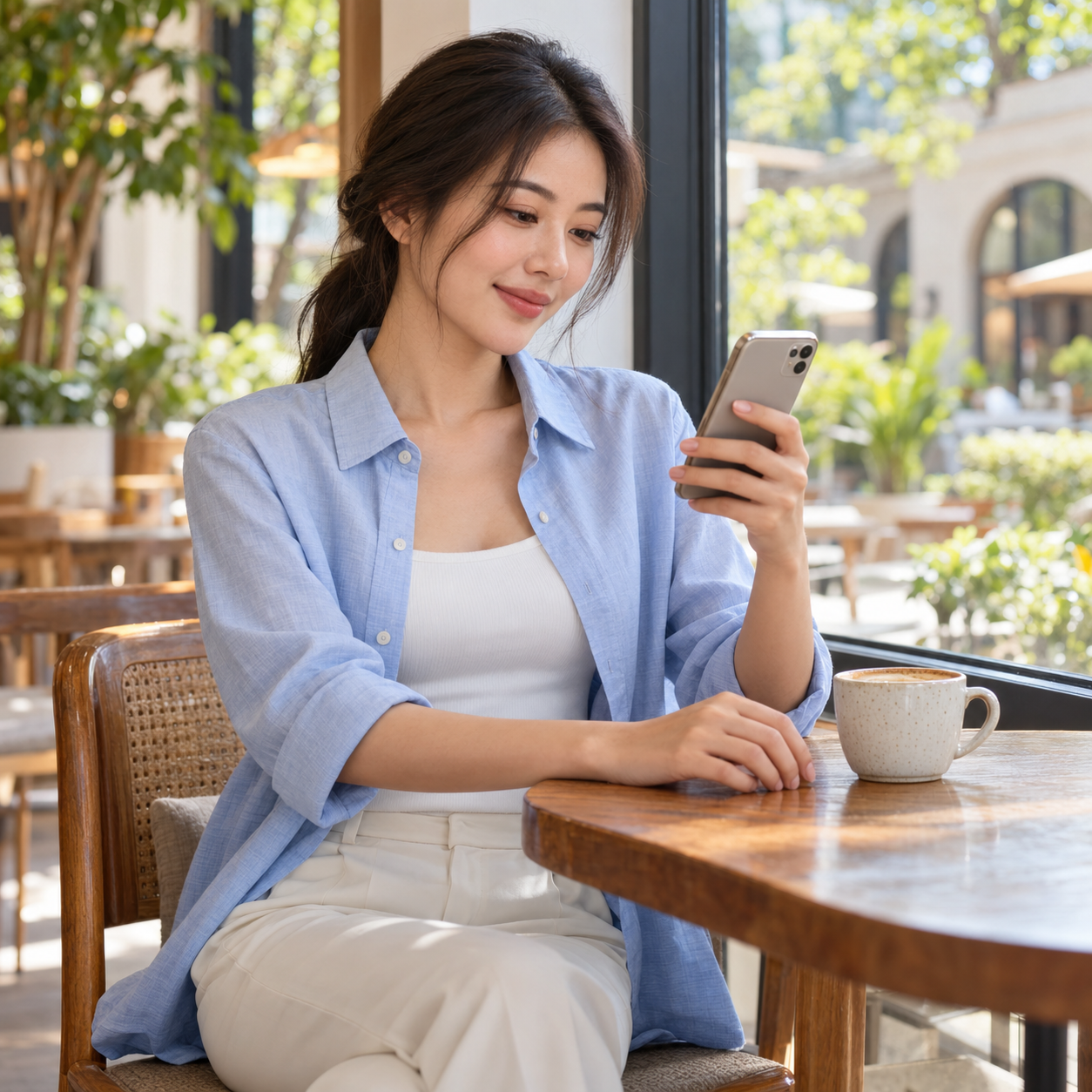 Woman in a light-blue shirt using a smartphone beside a cafe window