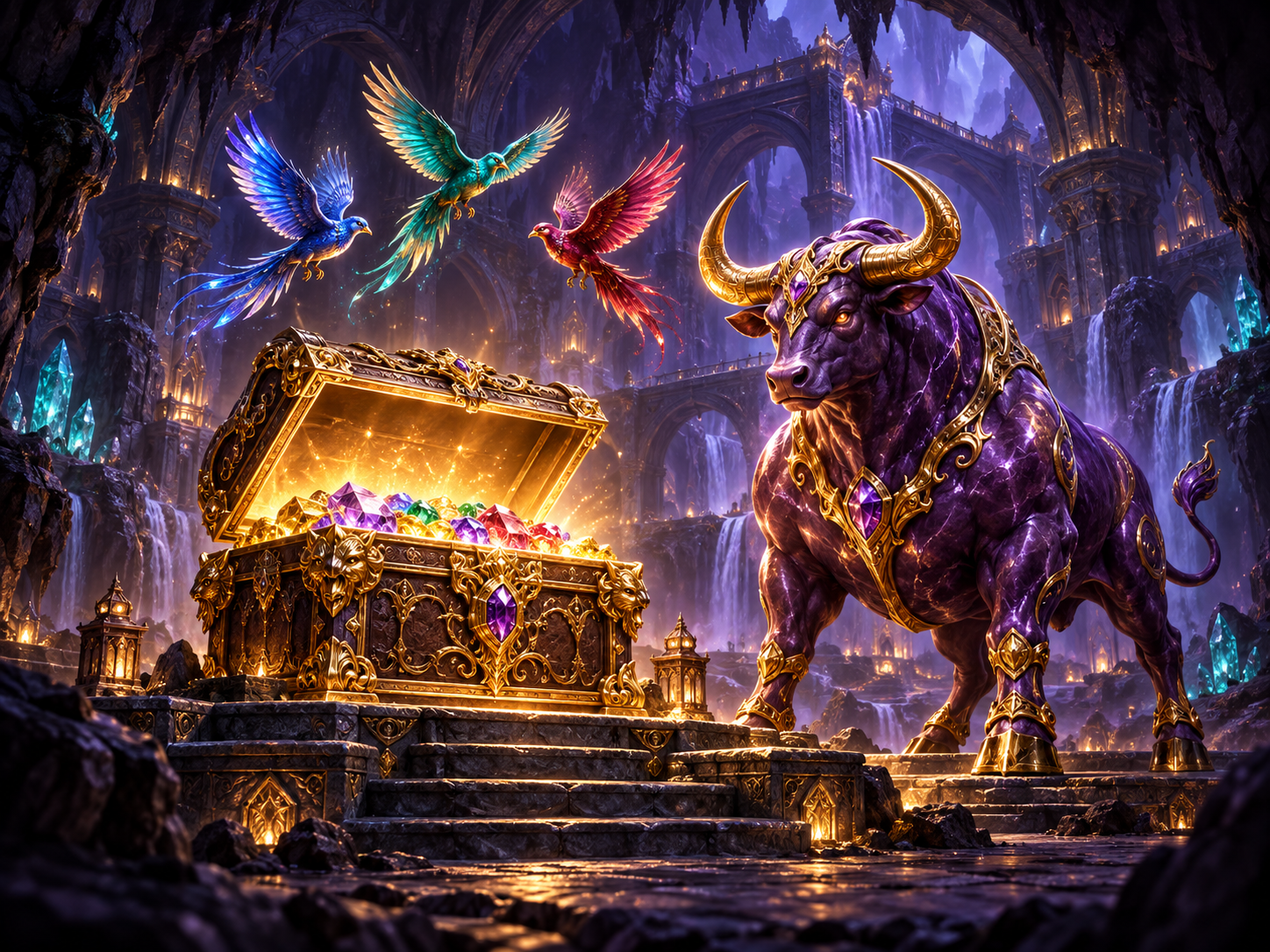 Purple bull, colourful birds and a glowing treasure chest in a fantasy cavern